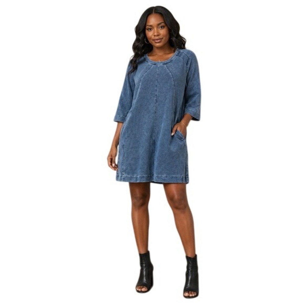 Max Jeans Blue Denim Look 3/4 Sleeve Shift Dress with Pockets Size Large
